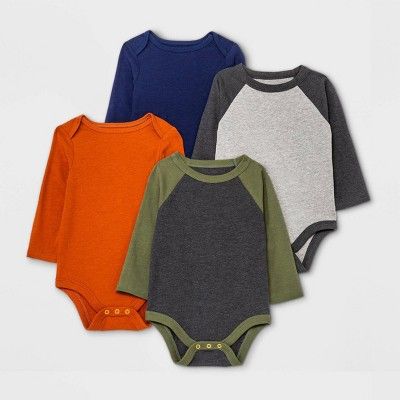 Baby Boys' 4pk Long Sleeve Bodysuit - Cat & Jack™ Olive Green/Navy/Orange | Target