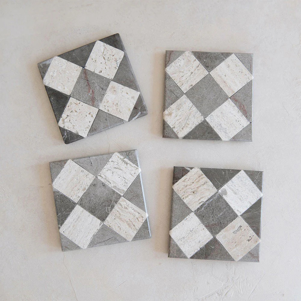 Checkered Marble and Travertine Coaster Set | Roan Iris