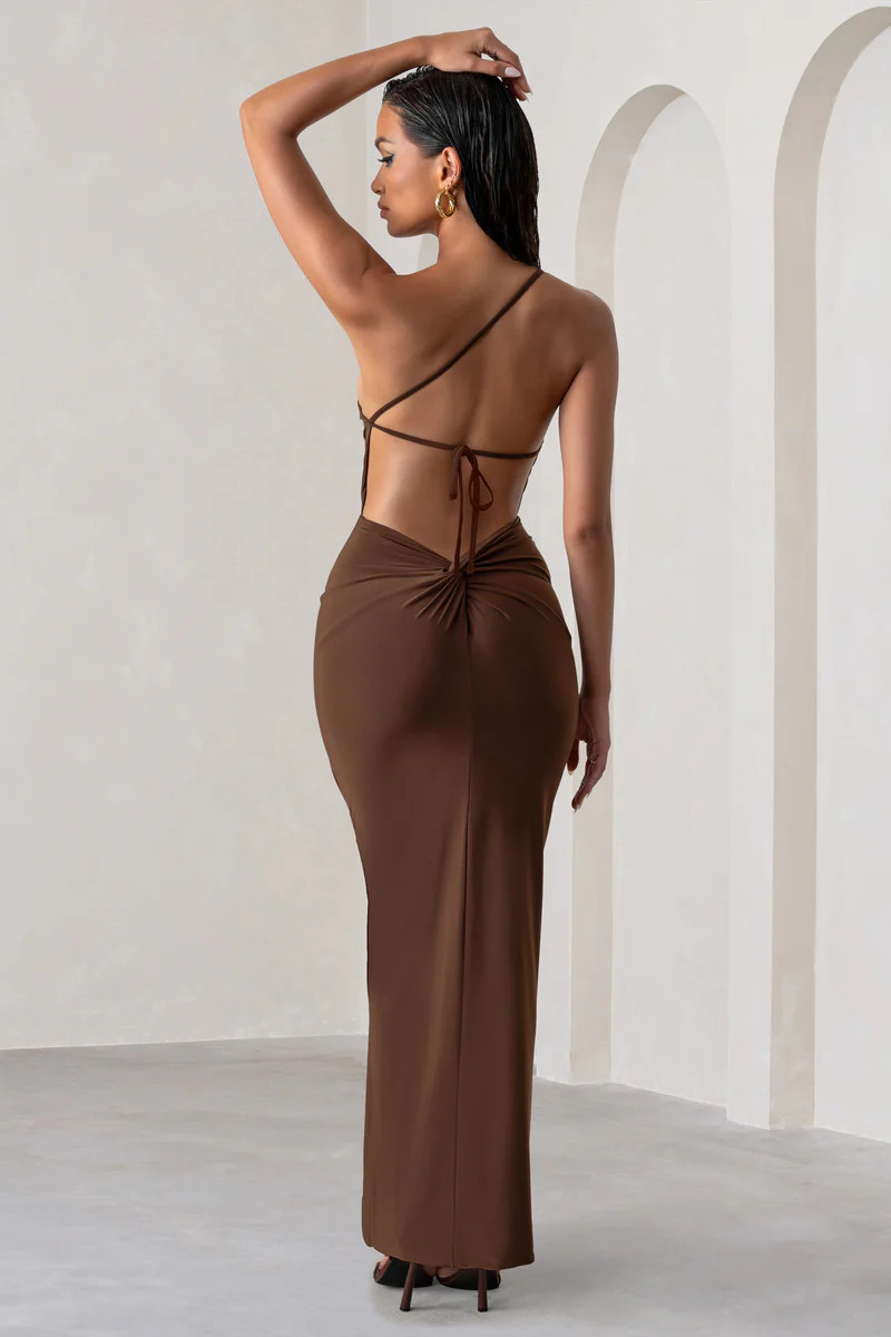 Dressing Up  Chocolate Brown One Shoulder Maxi Dress With Open Back Detail | Club L London