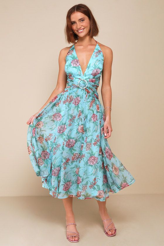 Blue Floral O-Ring Cutout Halter Midi Dress | Summer Wedding Guest Dress Summer  | Lulus