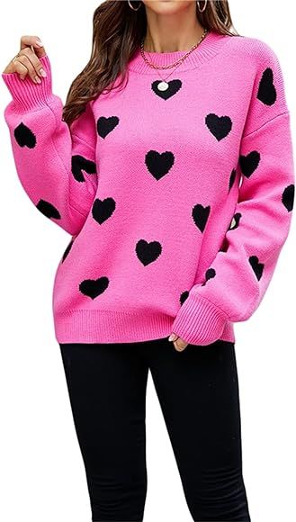 Women's Love Heart Pullover Sweaters Long Sleeve Crewneck Valentine's Day Cute Heart Knitted Jump... | Amazon (CA)