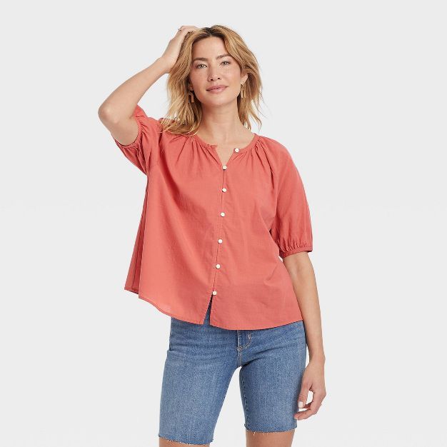 Women&#39;s Puff Short Sleeve Button-Front Blouse - Universal Thread&#8482; Rust M | Target