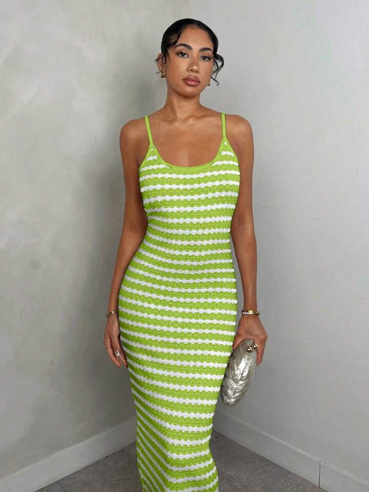 Glamine Elegante Abito A Maglia Midi Senza Maniche A Righe, Adatto Per La Primavera/Estate, Da Donna | SHEIN