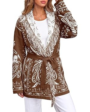 Saodimallsu Womens Fall Tassel Shawl Collar Cardigan Paisley Wrap Sweaters | Amazon (US)