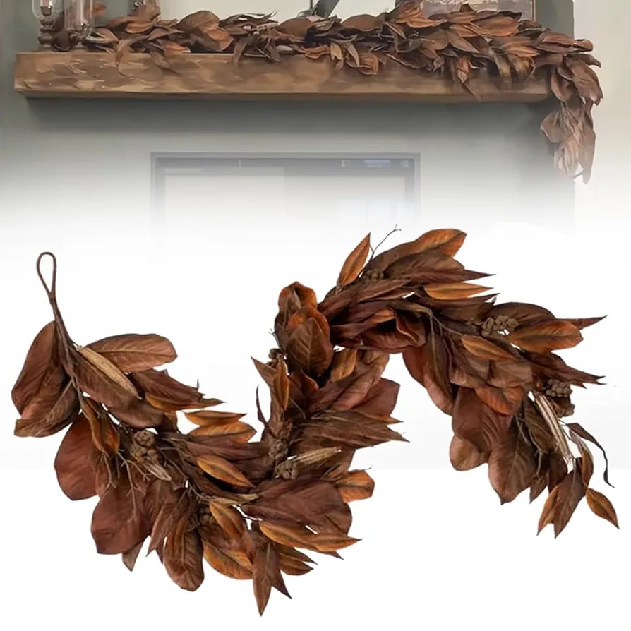 Brown Magnolia Leaf Garland, Realistic Magnolia Leaf Garland, 6ft. Autumn Magnolia Leaf, for Fire... | Amazon (US)