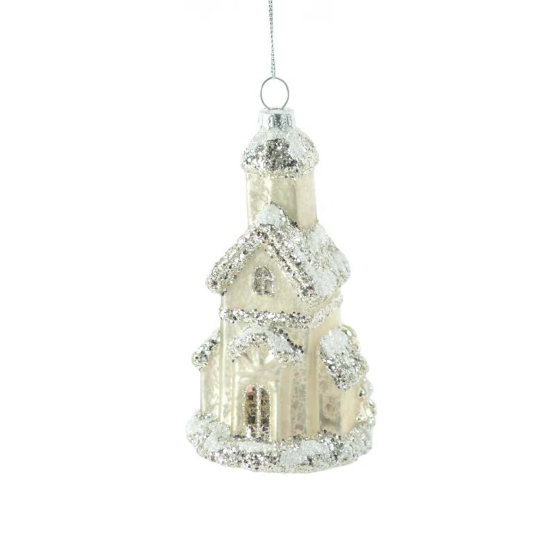 Glass White/Champagne Snow-Covered Church with Glitter Ornament | Wayfair North America
