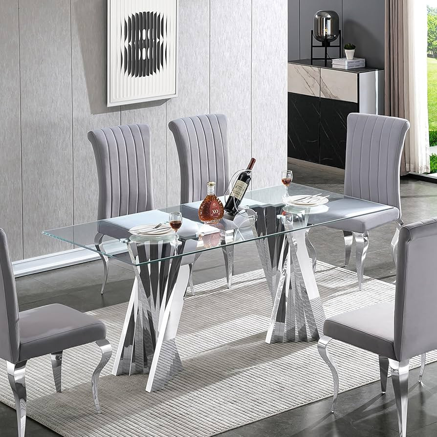 Glass Dining Table for 6-8, 70" Modern Kitchen Dining Room Table with Tempered Glass Top and Silv... | Amazon (US)