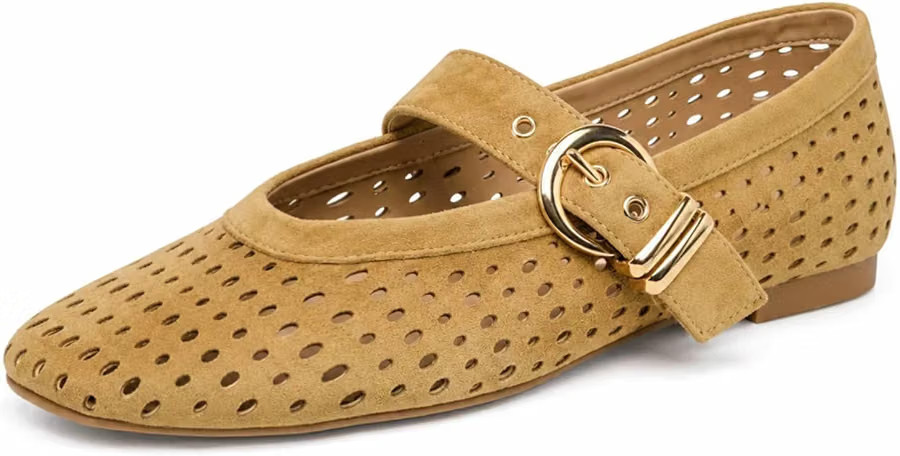 GORZADEUL Women's Suede Square Toe Mesh Mary Jane Ballet Flats | Amazon (US)