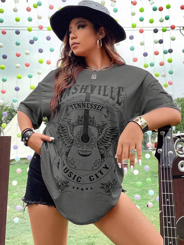 SHEIN EZwear Plus Guitar & Floral Print Drop Shoulder Tee | SHEIN