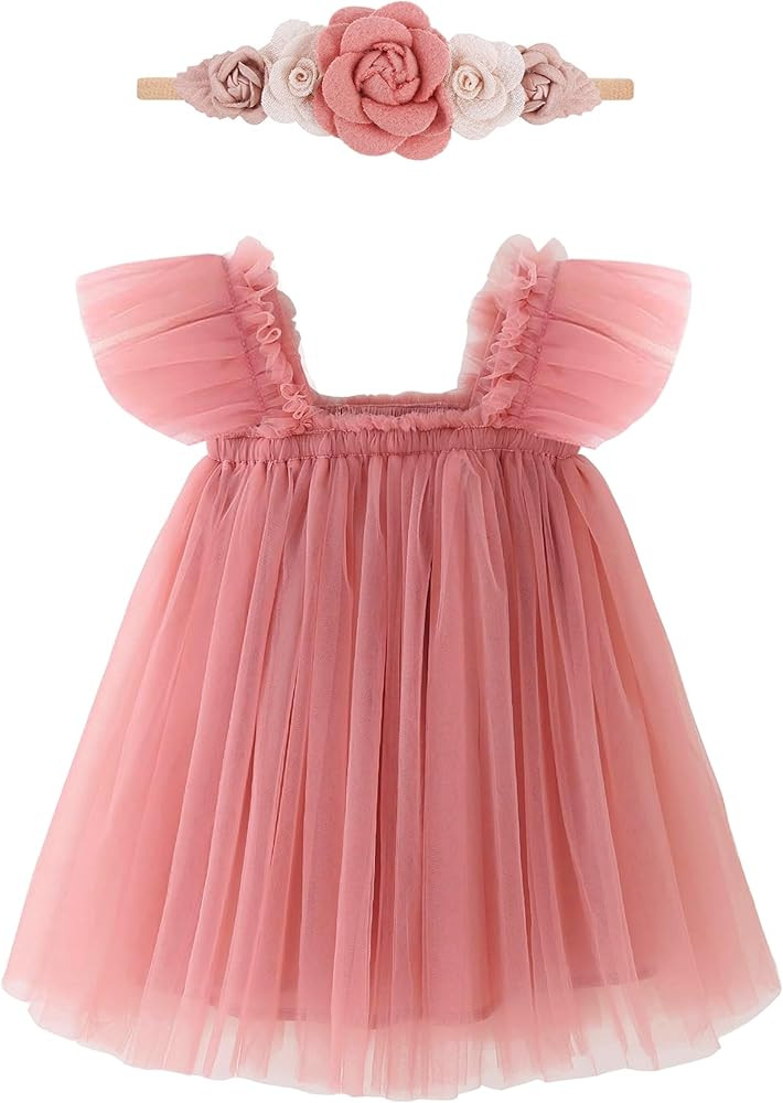Baby Girl First Birthday Outfit Cake Smash 1st Birthday Dress with Flower Headband | Amazon (US)