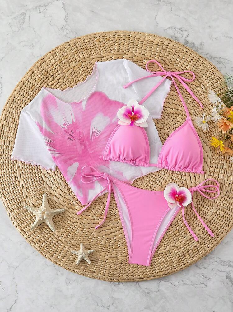 Swim Mod 3pcs Women Summer Beach Outfits, Solid Pink 3D Floral Triangle Bikini Bottoms, Round Neck Positioned Printed Chiffon Cover-Up Cover Up | SHEIN