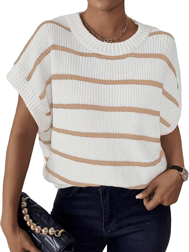 GORGLITTER Women's Striped Sweater Vest Short Cap Sleeve Crew Neck Knit Vest Top | Amazon (US)