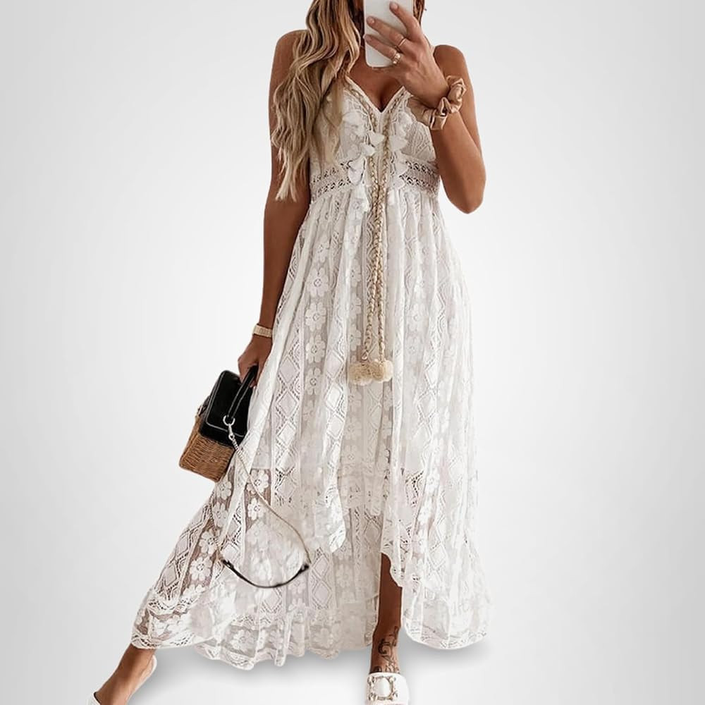CUPSHE Maxi Summer Dress for Women Lace V Neck Sleeveless Sundress Boho Crochet Tassel Flowy Beac... | Amazon (US)