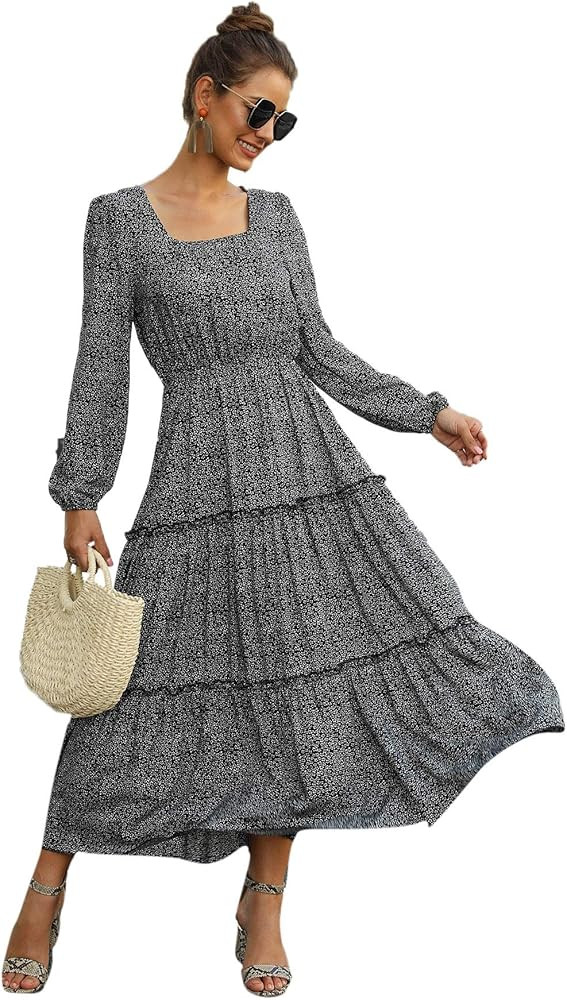 Women's Long Sleeve Floral Print Flared Flowy Chiffon Maxi Dress | Amazon (US)