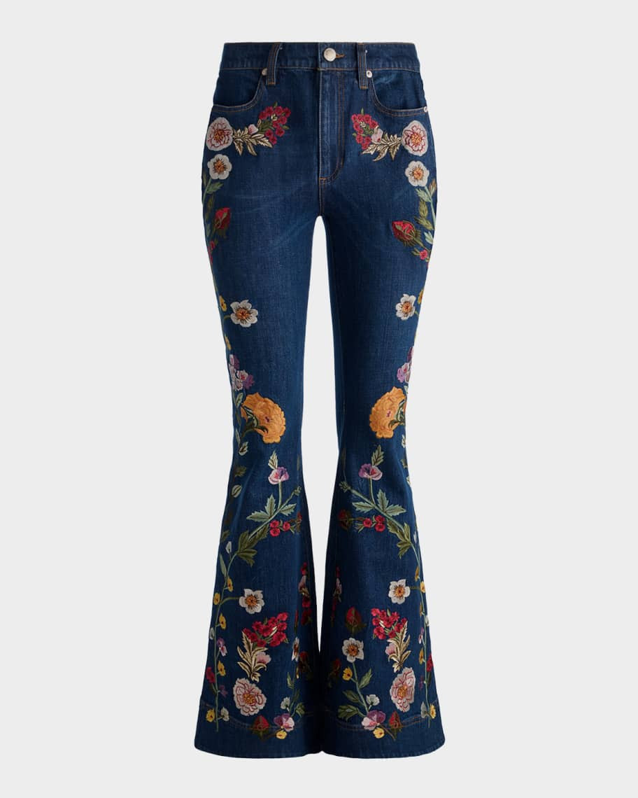 ALICE + OLIVIA Beautiful Floral Embroidered Bell-Bottom Jeans | Neiman Marcus