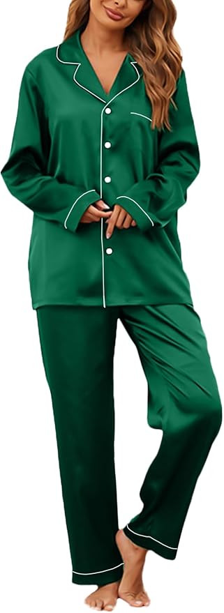 IFFEI 2 Pieces Silk Satin Womens Pajamas Set Button-Down Long Sleeve Girls Pajamas with Pockets | Amazon (US)