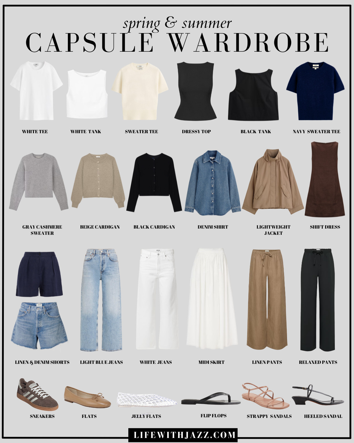  Spring & summer capsule 

Spring style / summer style / ssc26 / crop wide leg jeans / line pants / midi skirt / denim shorts / linen shorts / denim shirt / lightweight jacket / linen dress / cashmere sweater / tanks / sweater tee / sneakers / ballet flats / jelly flats / strappy sandals / flip flops 

 

#LTKSeasonal