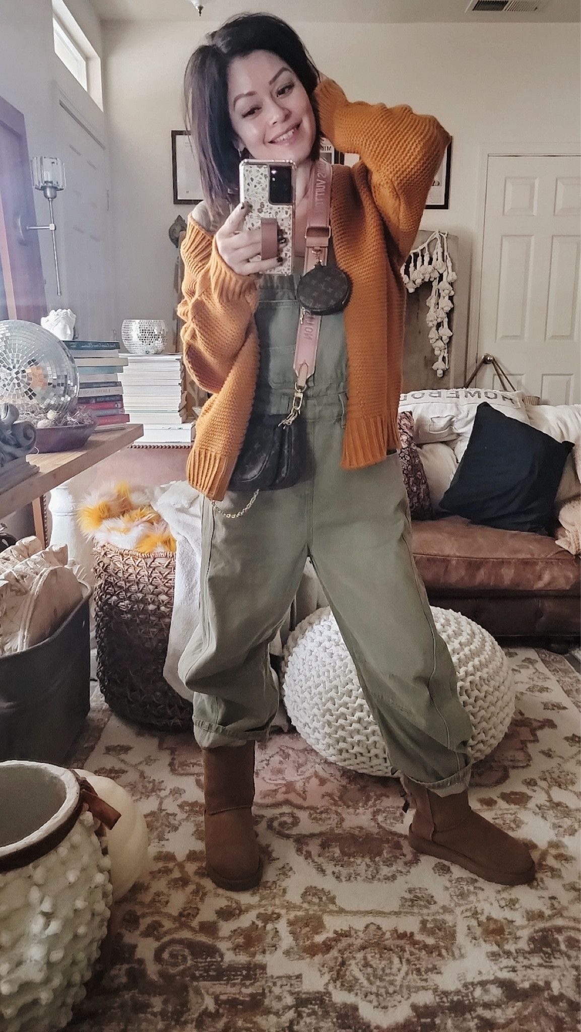 Cozy fall outfit. Wearing a size medium in the overalls. Fit is perfect. Size medium/lrg in the tank. Size 6 in boots. 

#cozyfalloutfit
#fallsweater

#LTKStyleTip #LTKFindsUnder50 #LTKSaleAlert