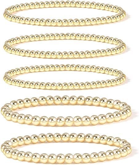 Gold Bead Bracelet for Women,14K Gold Plated Bead Ball Bracelet Stretchable Elastic Bracelet | Amazon (US)