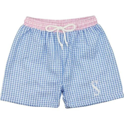 Blue And Pink Gingham Seersucker Swim Trunks | Cecil and Lou