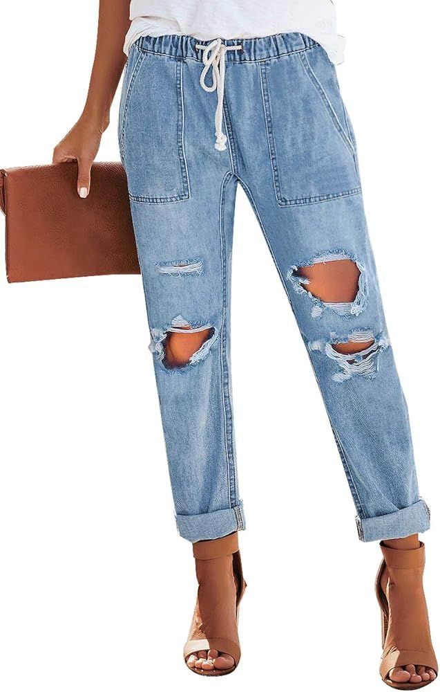 Women's Casual Ripped Jeans Elastic Waist Slim Boyfriend Jeans Denim Pants | Amazon (US)