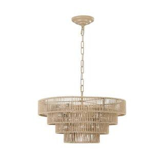 Bohemian 6-Light 4-Tier Brown Woven Rattan Round Chandelier for Living Room Kitchen Island with No Bulb Included | The Home Depot