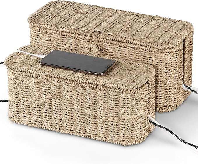 2-Pack Large Cable Management Box, Natural Rattan Cable Cord Organizer Boxes for Power Strip – ... | Amazon (US)