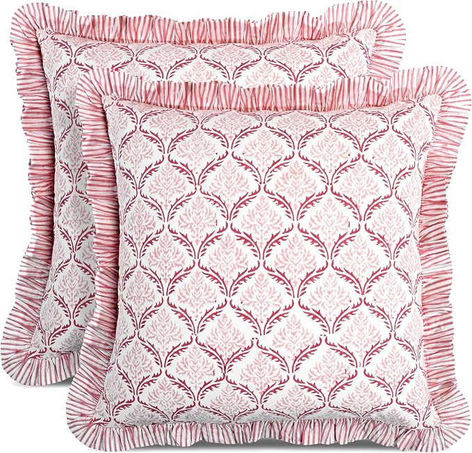 CPC Blush Rose Hand Block Print 100% Cotton Ruffle Throw Pillow Cover 18x18 inch with Hidden Zipp... | Amazon (US)