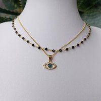 Evil Eye Necklace Set, Black Onyx Rosary Necklace, Layered Dainty Eye, Protection Charm, Blue Gift F | Etsy (US)