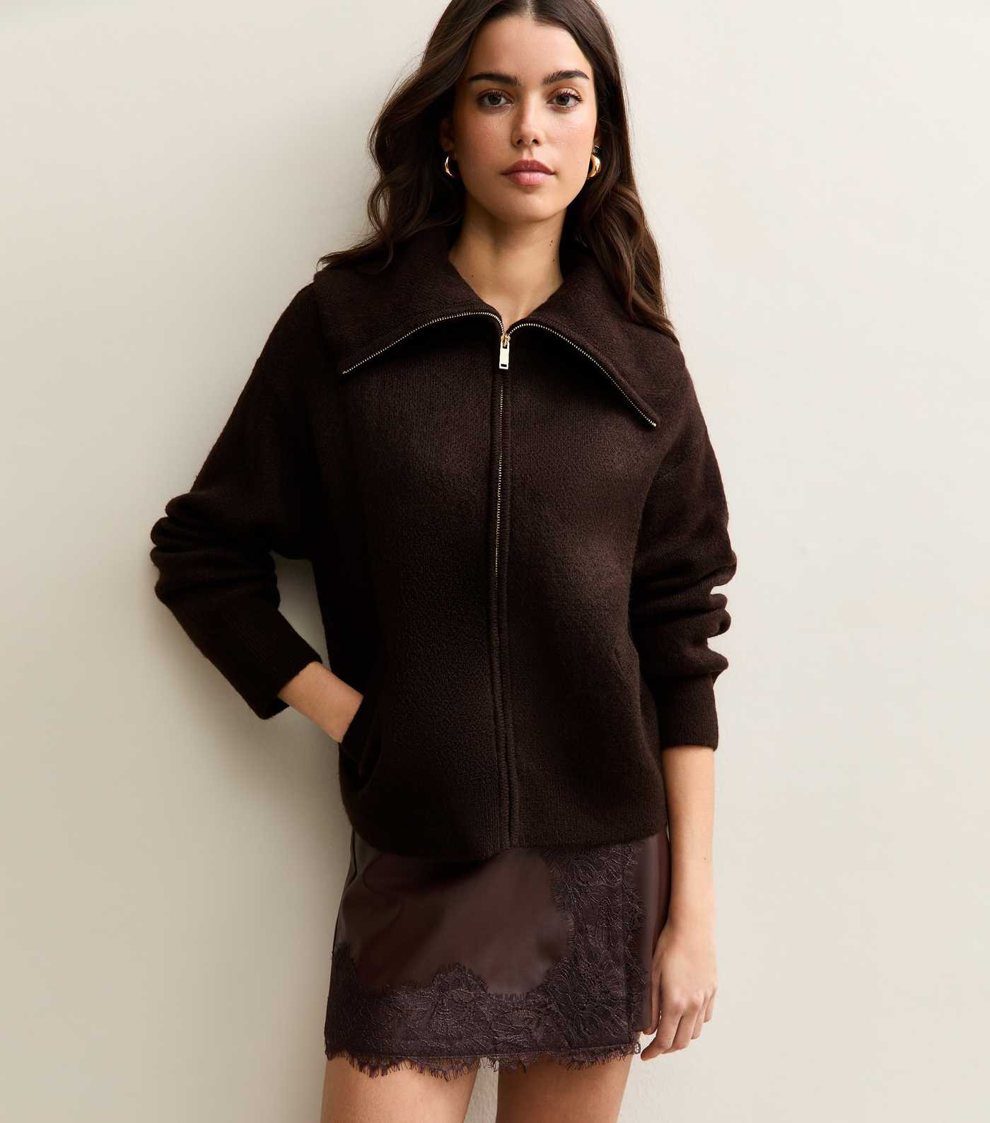 Dark Brown Knit Zip Up Jacket | New Look | New Look (UK)