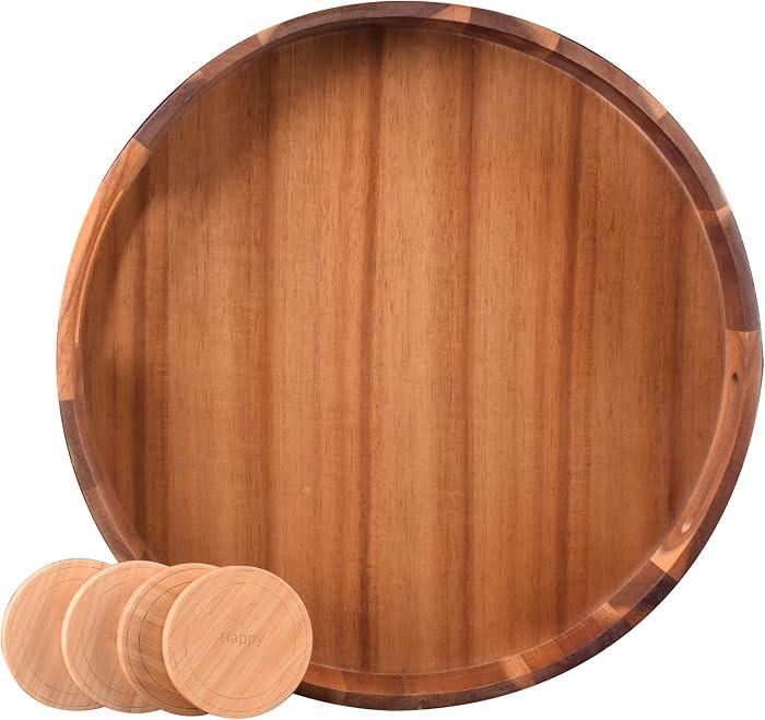 Large Round Wood Serving Tray, Wooden Trays with Handles for Ottoman Table, Vintage Acacia Tray C... | Amazon (US)