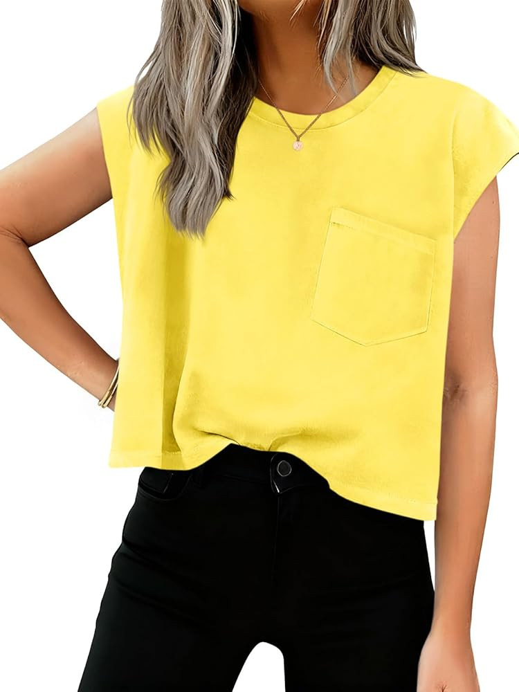 Tankaneo Womens Crop Tank Top Cap Sleeve Summer Tops Loose Casual Basic Crewneck Shirts with Pock... | Amazon (US)