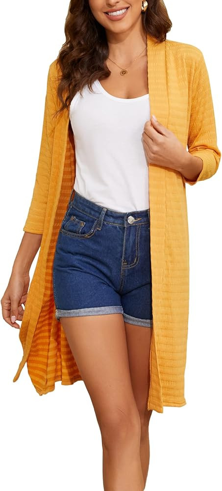 Long Cardigans for Women Lightweight: Open Front Duster Cardigan Knit Cardigan Striped 3/4 Sleeve... | Amazon (US)
