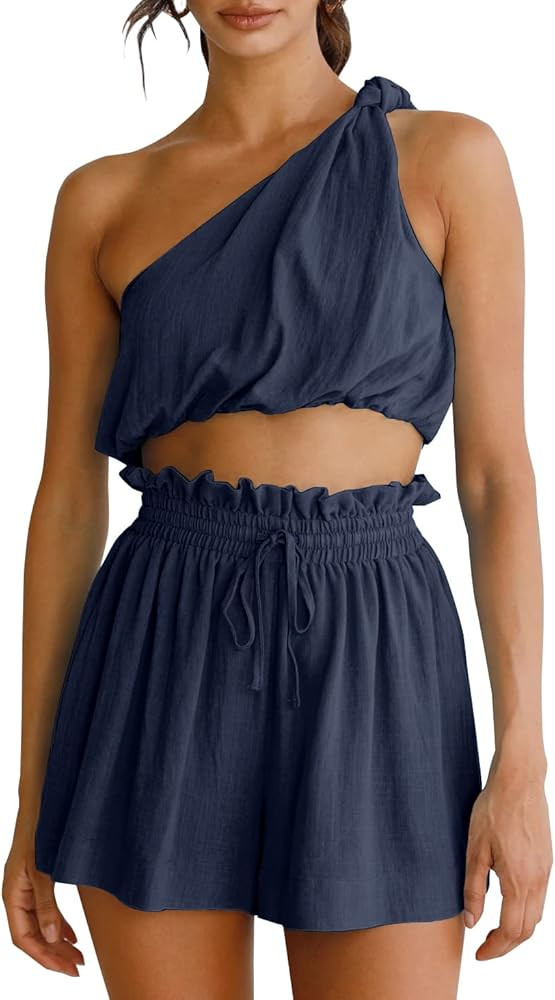 Imily Bela Womens 2 Piece Outfits Linen Matching Sets Two Piece Crop Tops and Paper Bag Waist Sho... | Amazon (US)