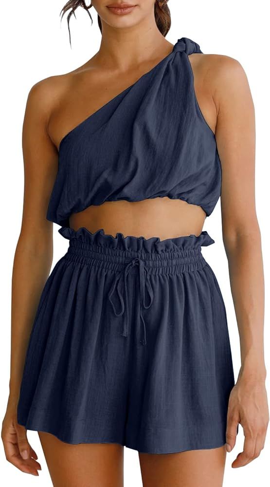 Imily Bela Womens 2 Piece Outfits Linen Matching Sets Two Piece Crop Tops and Paper Bag Waist Sho... | Amazon (US)