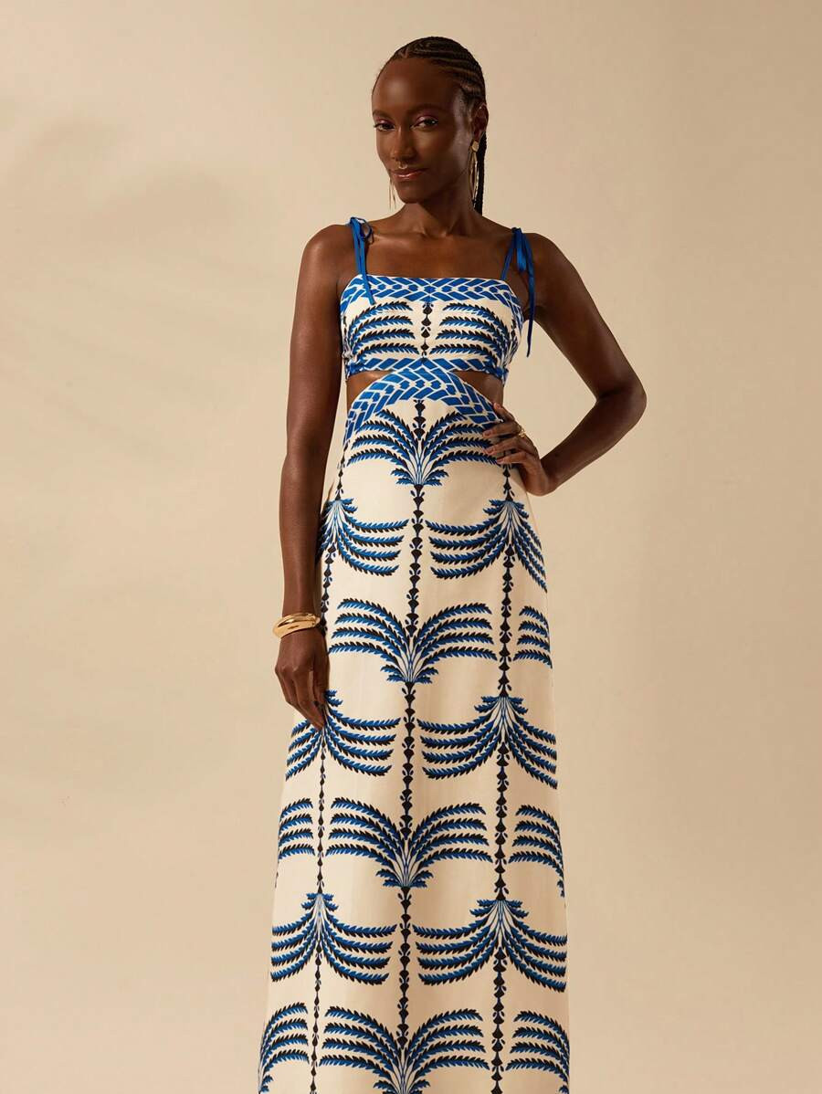 CAJUNI Women Boho Coconut Tree Print, Hollow Waist Binding Sleeveless Black Dress, Holiday Casual... | SHEIN