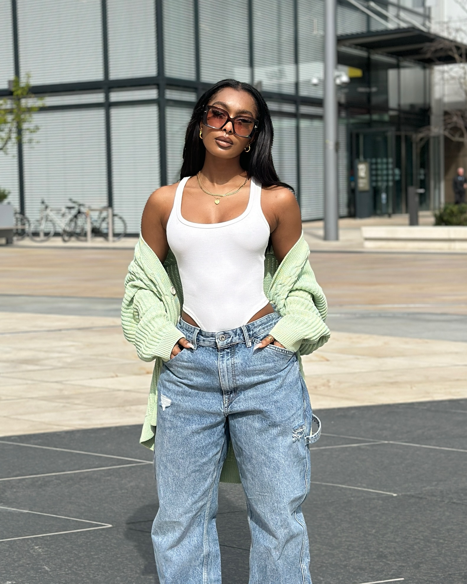 Mint green cardigan, Superdry carpenter jeans, white body suit, high leg bodysuit, Tom Ford sunglasses, street style, casual outfit, daytime outfit, spring style, colourful outfit, transitional outfit 

#LTKstyletip #LTKSeasonal #LTKeurope