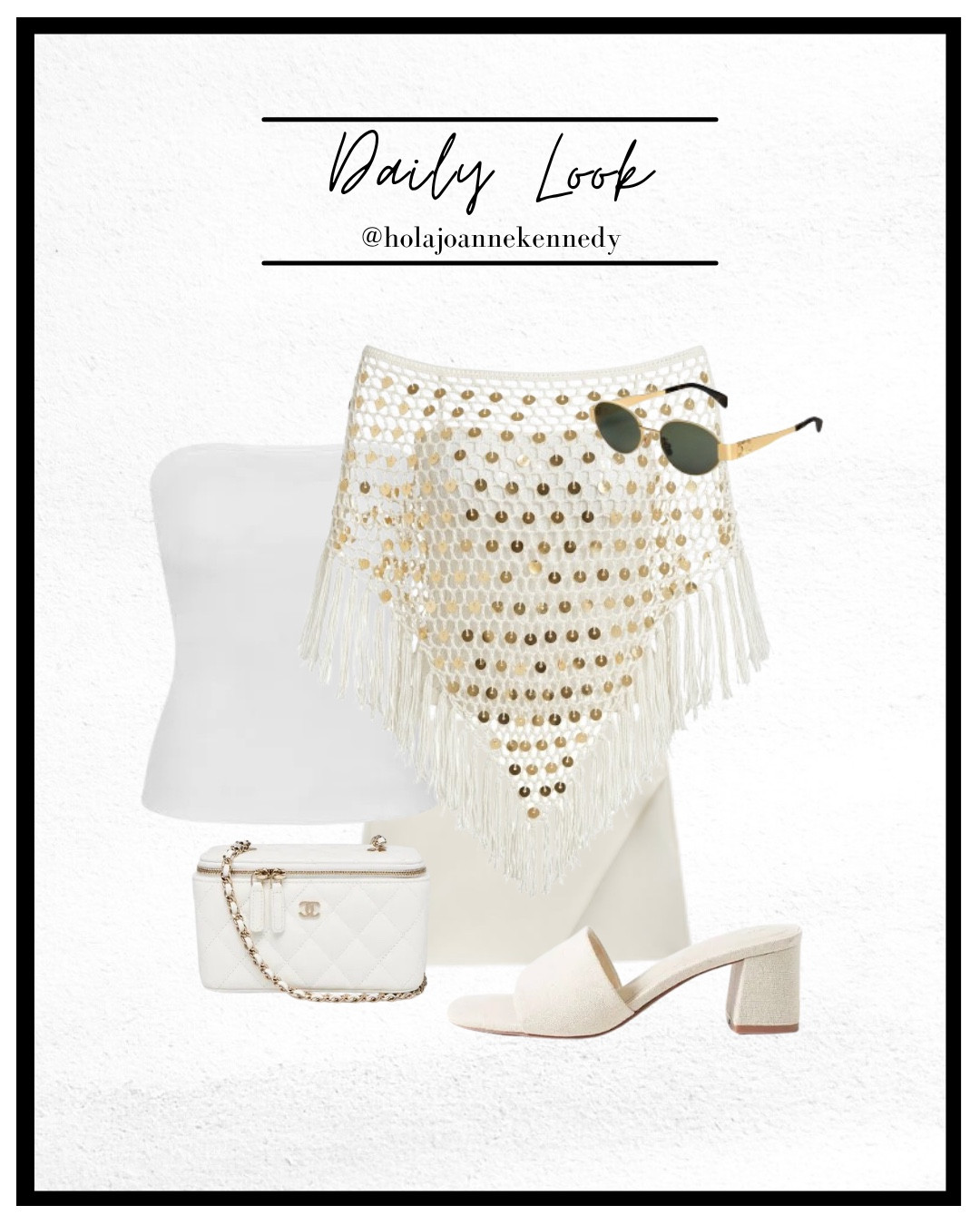 summer outfit, neutral outfit, cream outfit, white outfit, monochrome style, chic outfit, elegant style, holiday outfit, vacation style, resort wear, crochet skirt, fringe skirt, sequin crochet skirt, white bandeau top, strapless top, cream heels, mule heels, designer inspired style, luxury fashion, capsule wardrobe, old money style, European summer outfit, coastal chic, Chanel vanity bag, white handbag, sunglasses outfit, feminine style, classy outfit, sophisticated fashion, neutral wardrobe, summer fashion, holiday packing inspiration, vacation outfit ideas, minimalist style, elevated basics, timeless fashion, beige outfit, cream accessories, summer evening outfit, day to night outfit

#LTKsummer #LTKstyletip #LTKuk
