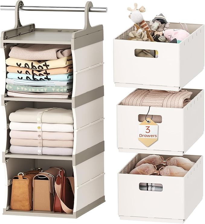 HAIXIN 3-Shelf Hanging Closet Organizer with 3 Removable Drawer & 6 Dividers, Plastic Hanging She... | Amazon (US)