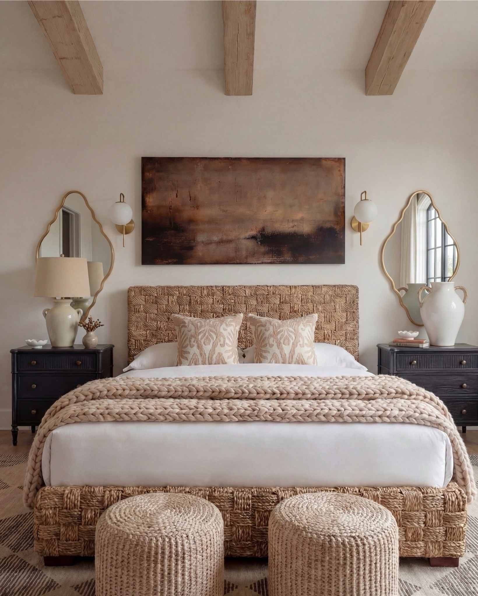 Shop the Look:
• Wood Woven rattan bed frame
• White upholstered mattress or box spring
• Black wood 3-drawer nightstands (set of 2)
• White duvet cover (hotel-style)
• White fitted sheet + pillow set
• Chunky knit throw blanket (beige or oatmeal)
• Neutral patterned accent pillow
• Brass globe wall sconces
• Cream ceramic table lamp with beige shade
• Large abstract landscape wall art (neutral tones)
•brown floral wall art
• Gold irregular curved scalloped wall mirrors
• Round woven knit poufs
• Neutral geometric or diamond area rug
• Large white ceramic vase
• Small decorative bowl (white or stone)
• Ivory linen curtain panels
•wood upholstered accent chair 
•black terracotta vase
•wood rattan dresser
•brass decor tray
•black leaf decor bowl 
•decor books

#LTKsale #LTKhome #LTKstyletip