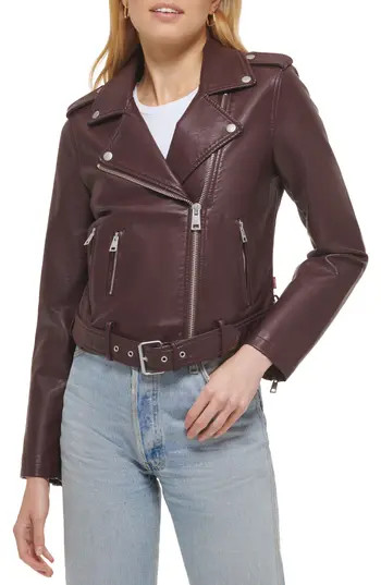 Levi's® Faux Leather Fashion Belted Moto Jacket in Burgundy at Nordstrom Rack, Size Small | Nordstrom Rack