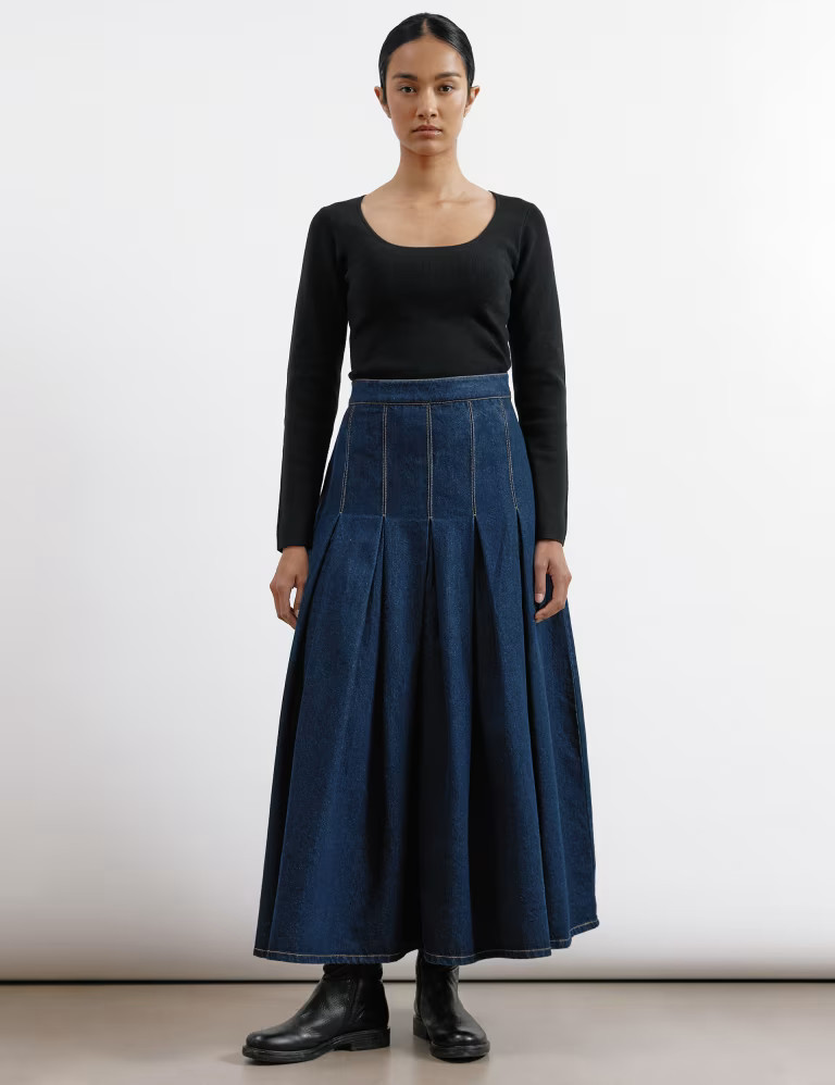Pure Cotton Denim Pleated Midi A-Line Skirt | Marks & Spencer (UK)