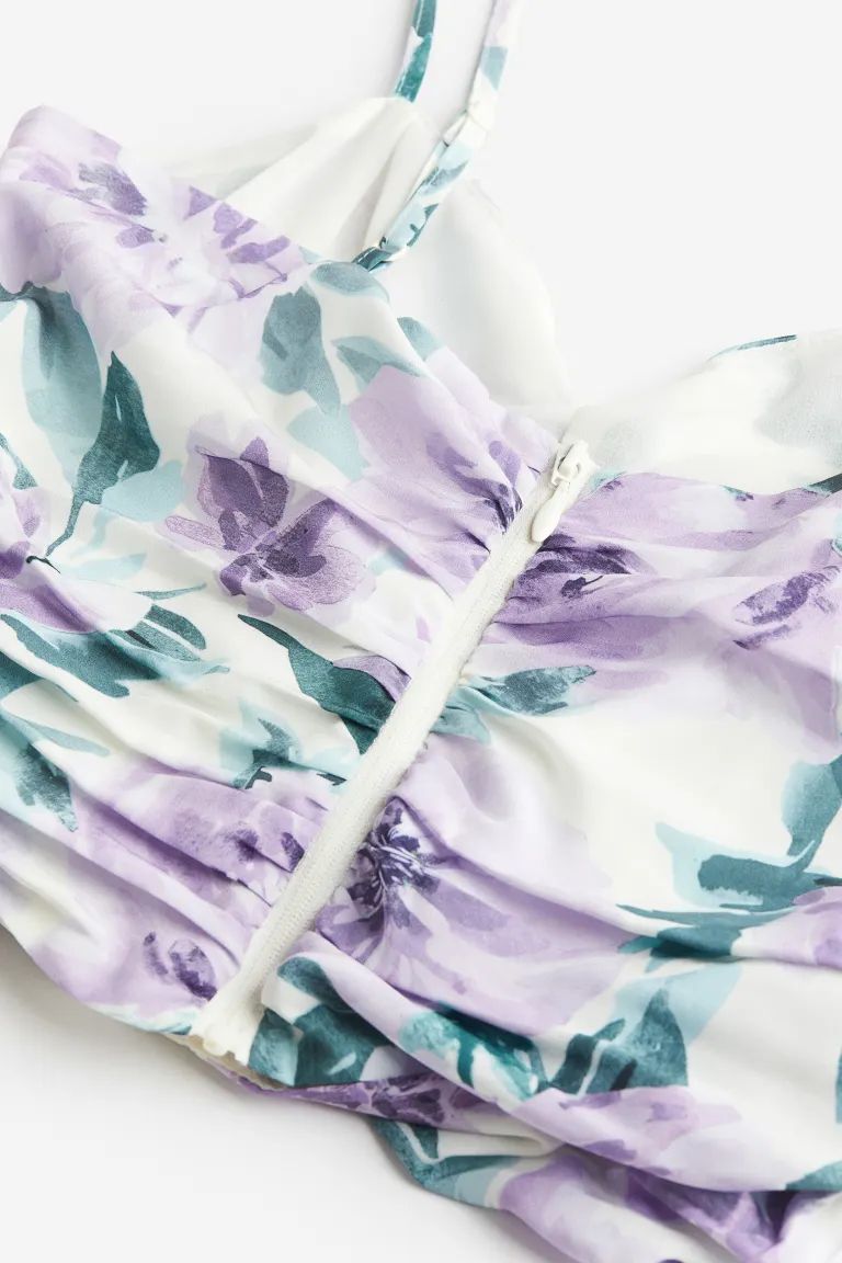 Draped cropped top - White/Purple floral - Ladies | H&M | H&M (UK, MY, IN, SG, PH, TW, HK)