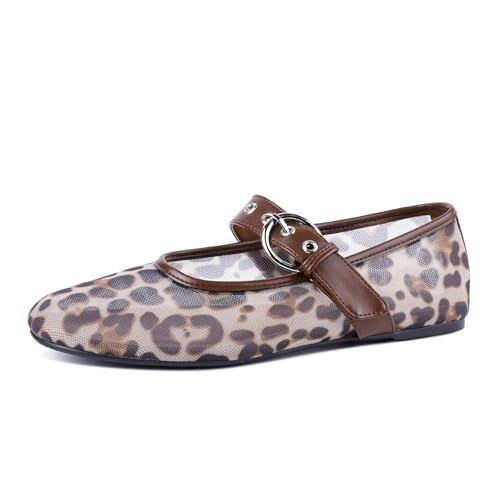 Migpuel Mesh Flats for Women Round Toe Mary Jane Ballet Flats Buckle Strap Slip On Casual Breathable Ballerina Shoes Leopard,12 | Amazon (US)