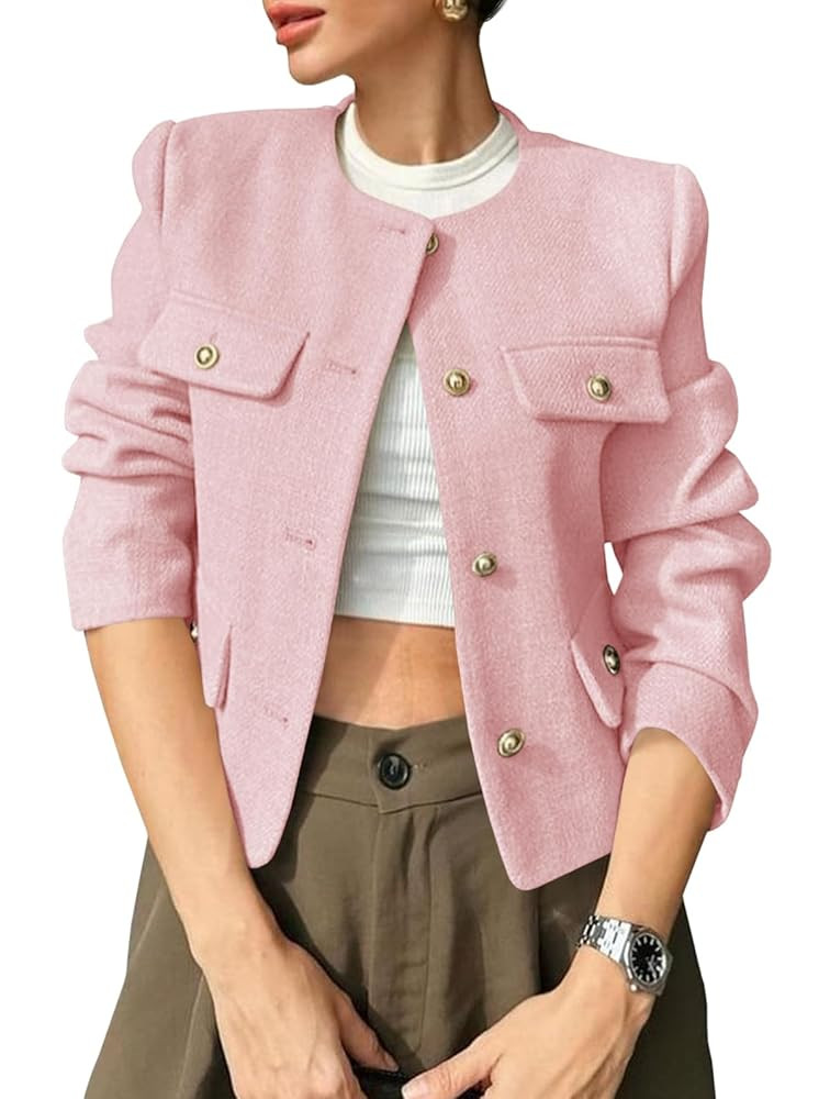 Cicy Bell Womens Cropped Tweed Blazer Jackets Collarless Button Down Business Casual Outfits with... | Amazon (US)