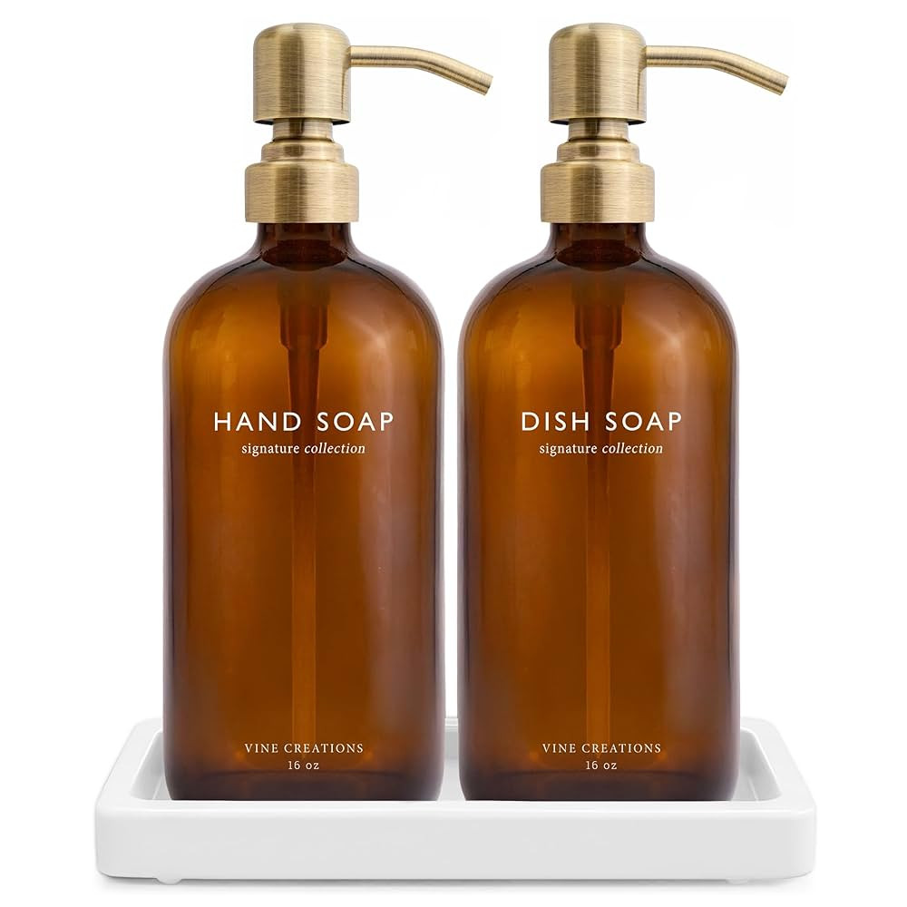 Vine Creations Amber Glass Soap Dispenser Set, Kitchen Soap Dispenser Set with Ceramic Tray, 16 o... | Amazon (US)