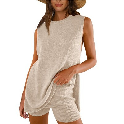 2 Piece Sets for Women Summer Sweater Set Sleeveless Tunic Top and Shorts Beach Vacation Set,apricot,Small | Target