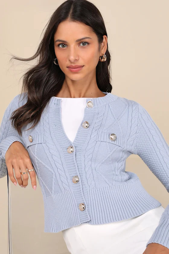 Luxe Composure Blue Cable Knit Long Sleeve Cardigan Sweater | Lulus
