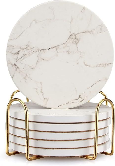 6 Pcs White Marble Coaster Set with Holder Best Absorbent Coasters Drink Coasters Ceramic Bar Coa... | Amazon (US)