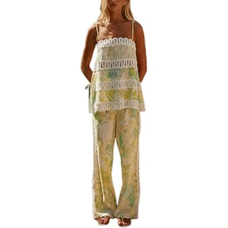 THLAI Womens 2 Piece Outfits Printed Linen Sexy Sleeveless Camisole Pants Set Outfits For Going O... | Amazon (US)